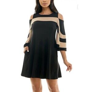 Nina Leonard Womens Draped Sleeve Cold-Shoulder Black and Tan Dress Pockets XL